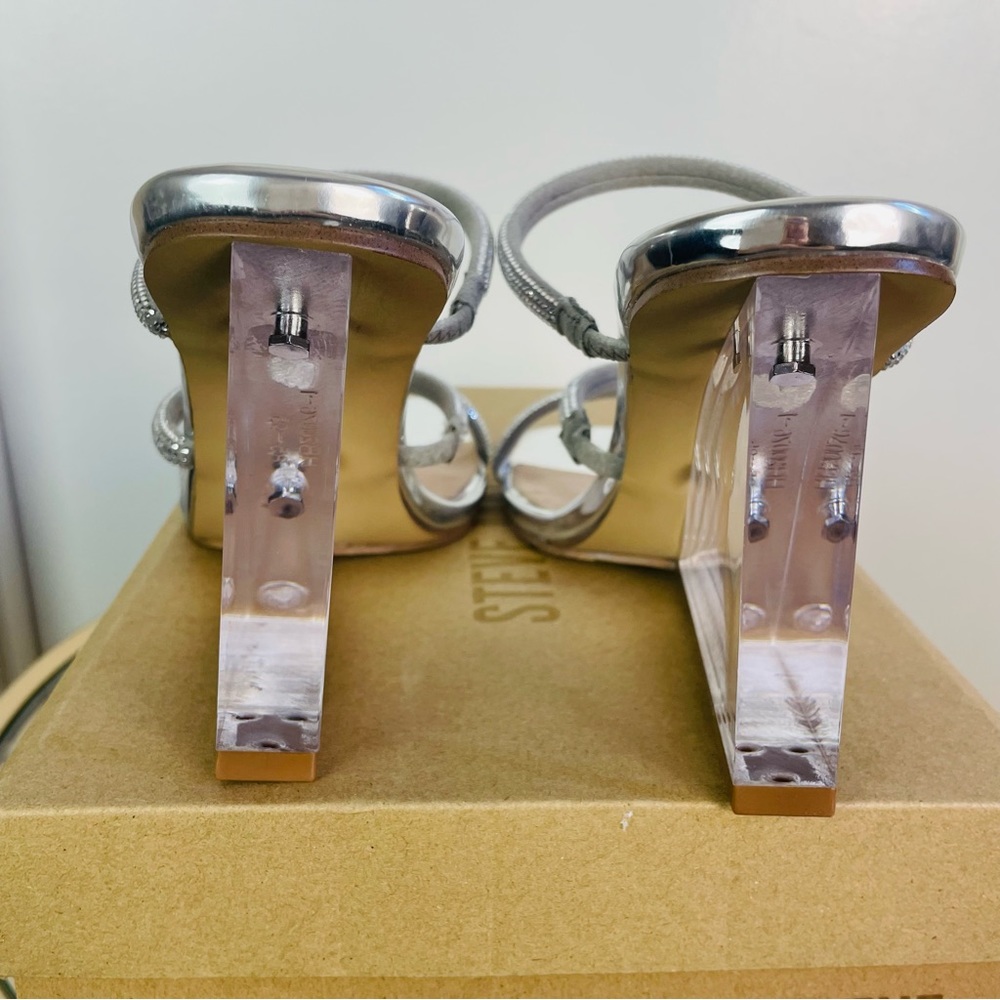 New Steve Madden Sauté-R Rhinestone Lucite Clear Wedge Heel Sandal 9 Silver - Picture 6 of 11